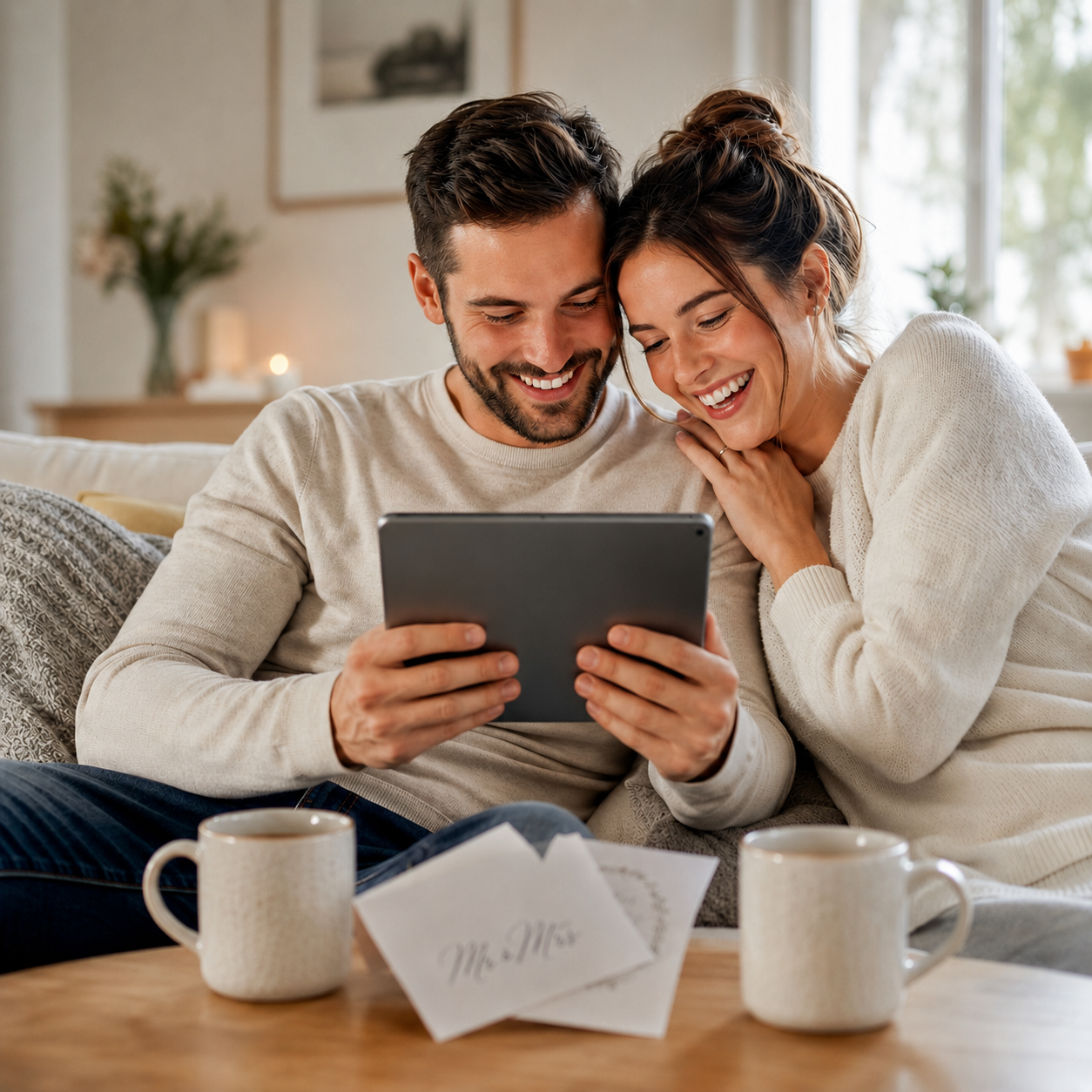 A happy newly married couple sitting on a sofa browsing through a digital gallery of guest-uploaded wedding photos on a tablet.