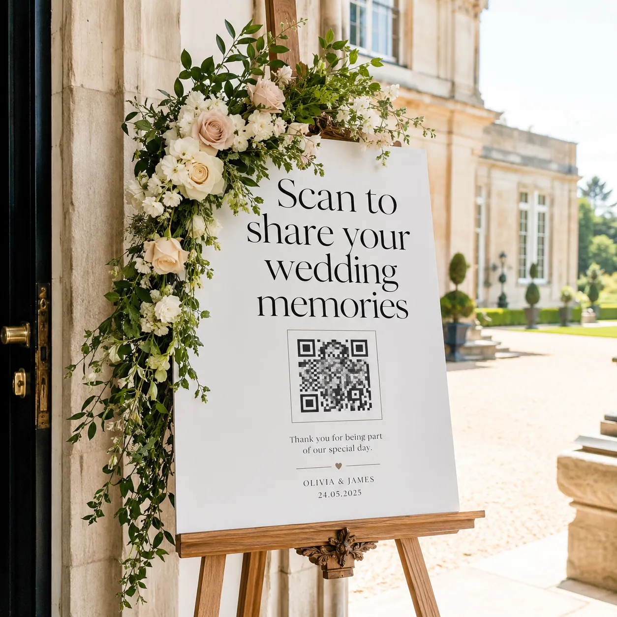 An elegant A2 wedding welcome sign with a large QR code displayed on a wooden easel at a premium venue entrance.