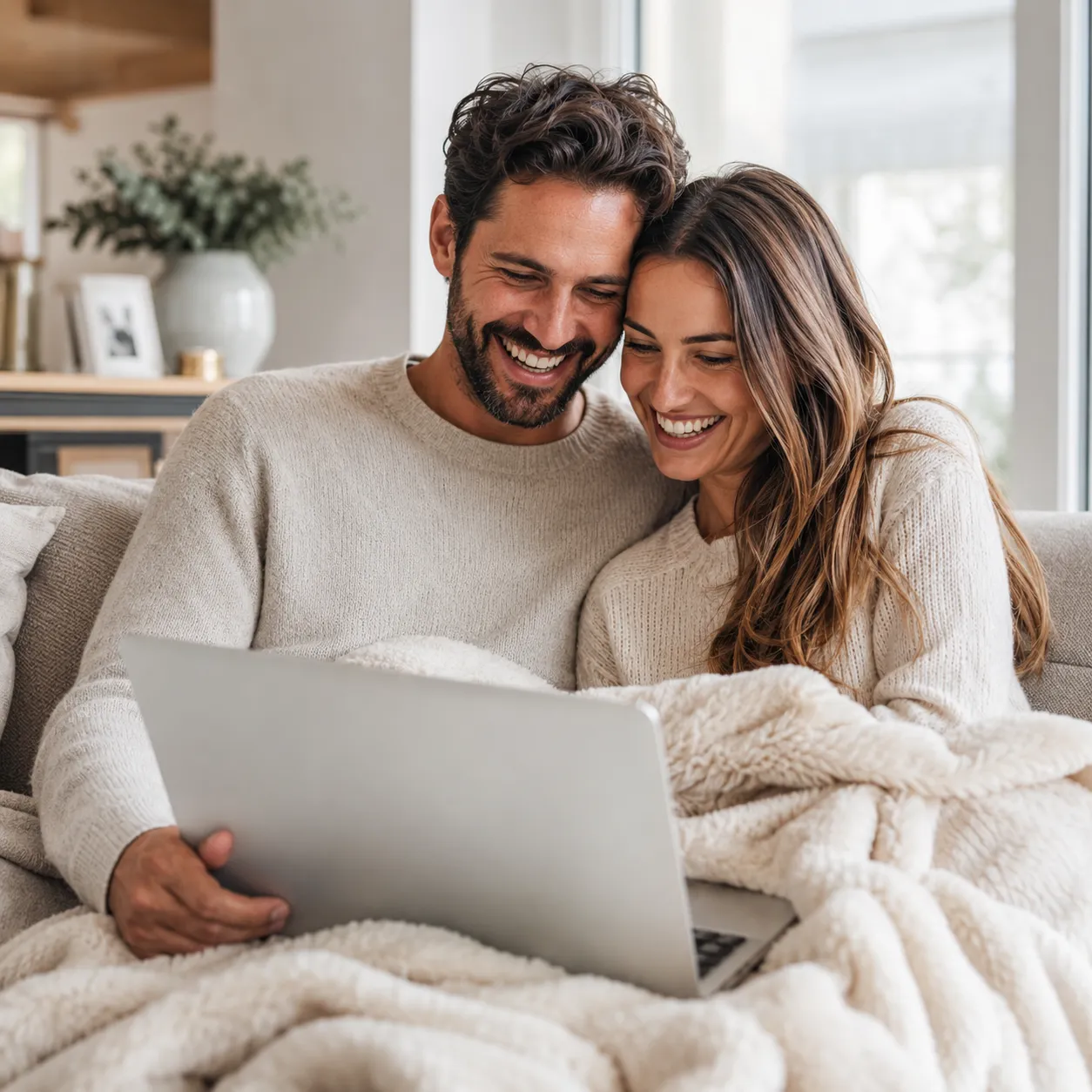 A newly married couple sitting on a sofa looking at guest wedding photos together on a laptop.