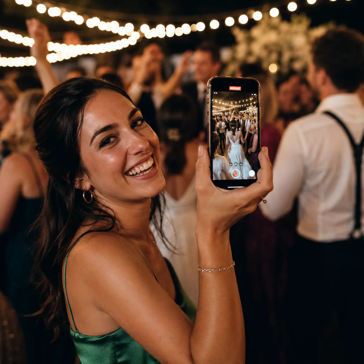 A wedding guest holding up a smartphone to record a video on a vibrant, beautifully lit dance floor.