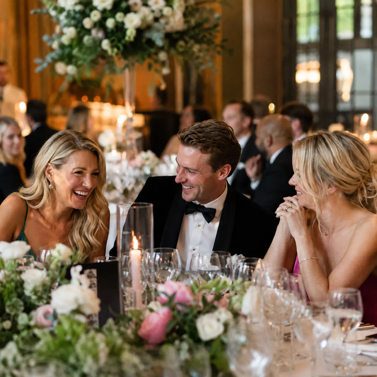 Candid photograph of stylish wedding guests laughing around a decorated reception table at a UK venue.