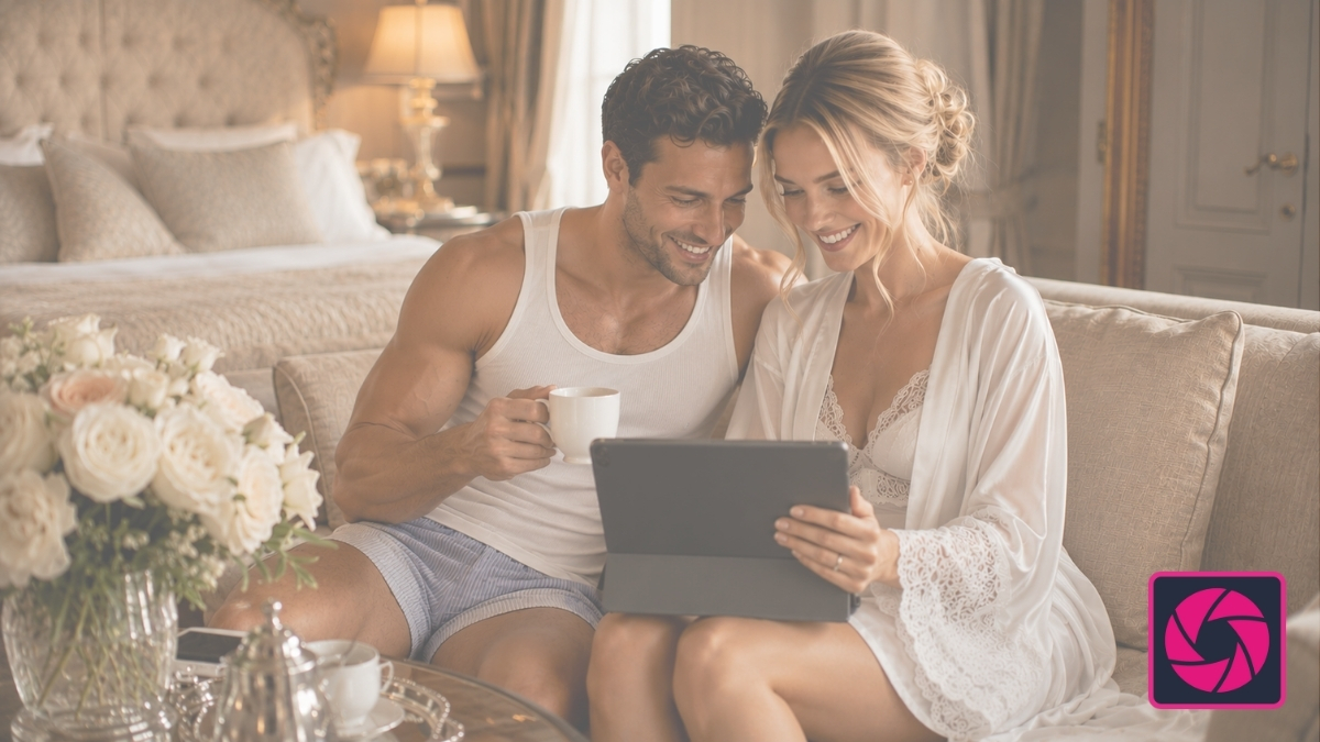 Newly married couple looking through their VowLens wedding gallery the morning after their wedding
