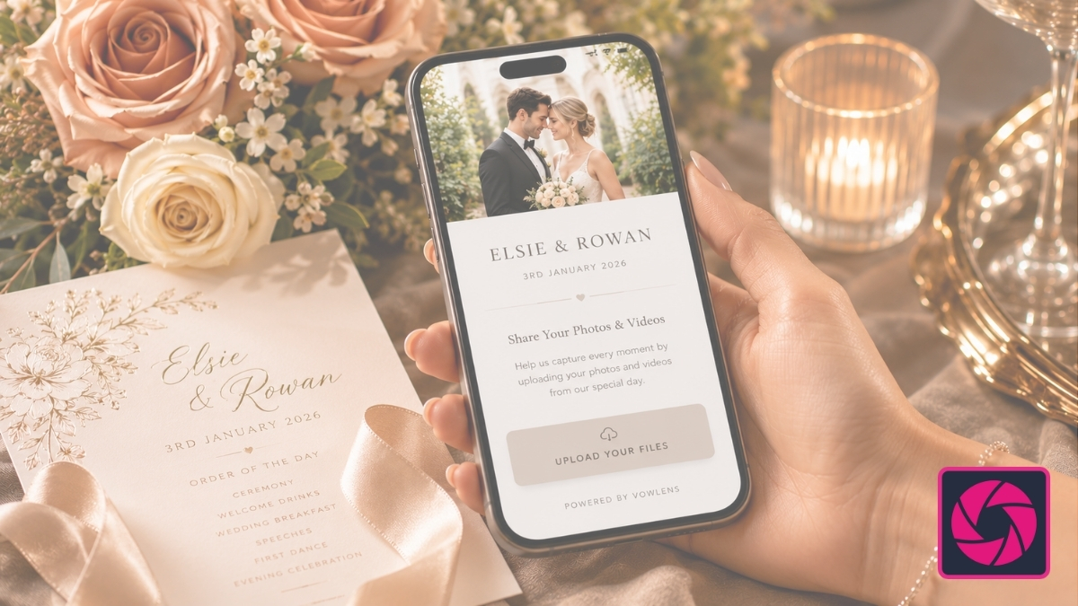 Phone showing a personalised VowLens wedding upload page beside elegant wedding stationery