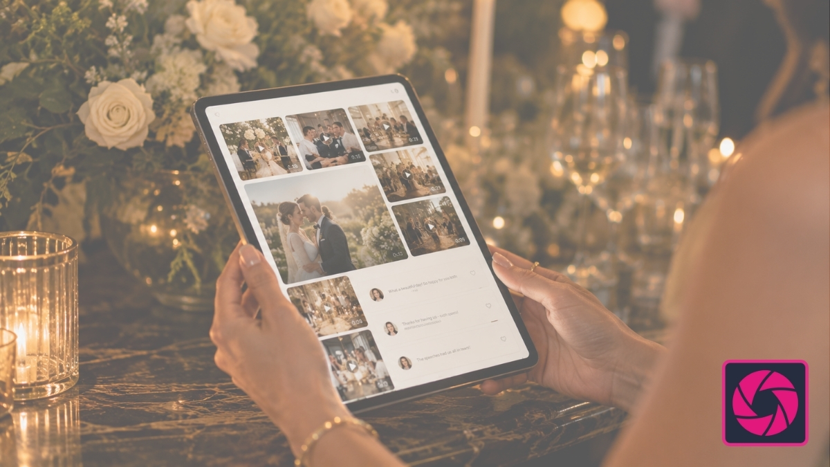 Phone showing a private VowLens wedding gallery with guest photos, videos and messages