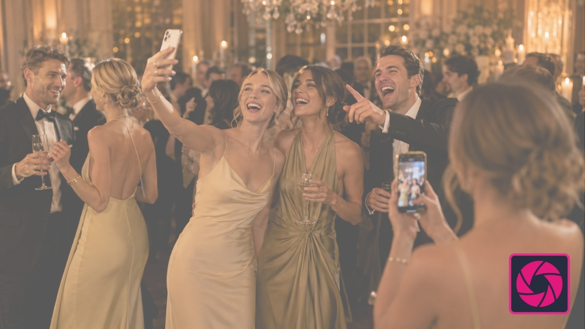 Wedding guests taking dance floor videos and selfies during an evening reception