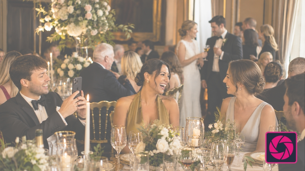 Wedding guests taking candid photos at a reception table while the couple celebrate nearby
