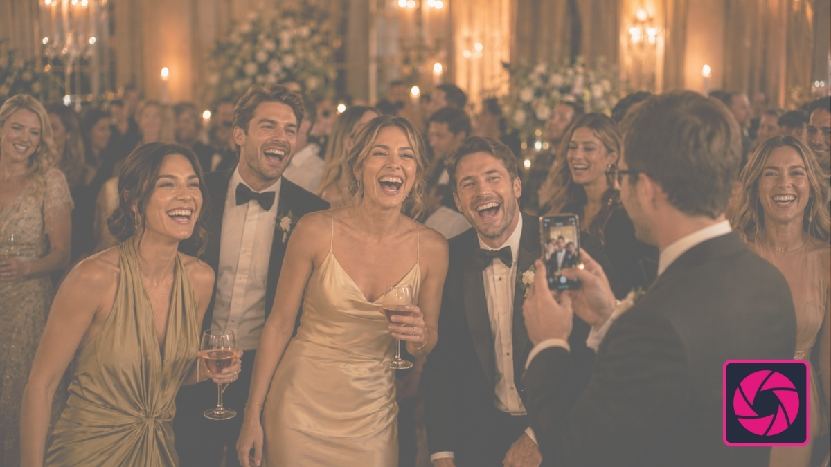 Wedding guests laughing and uploading photos and videos during a lively reception