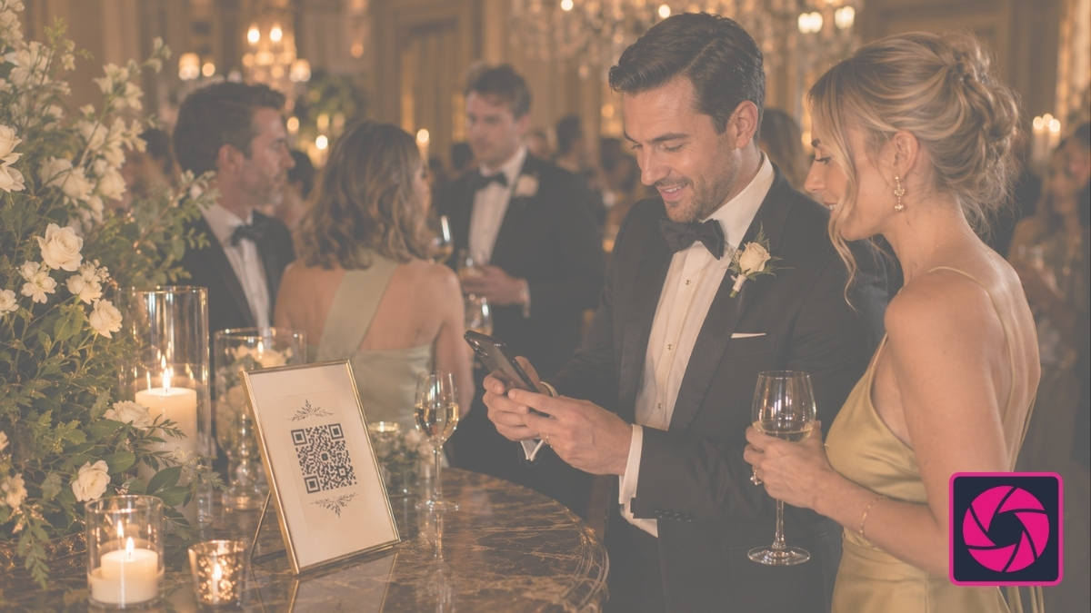 VowLens QR code sign on a wedding bar or table for guests to upload memories