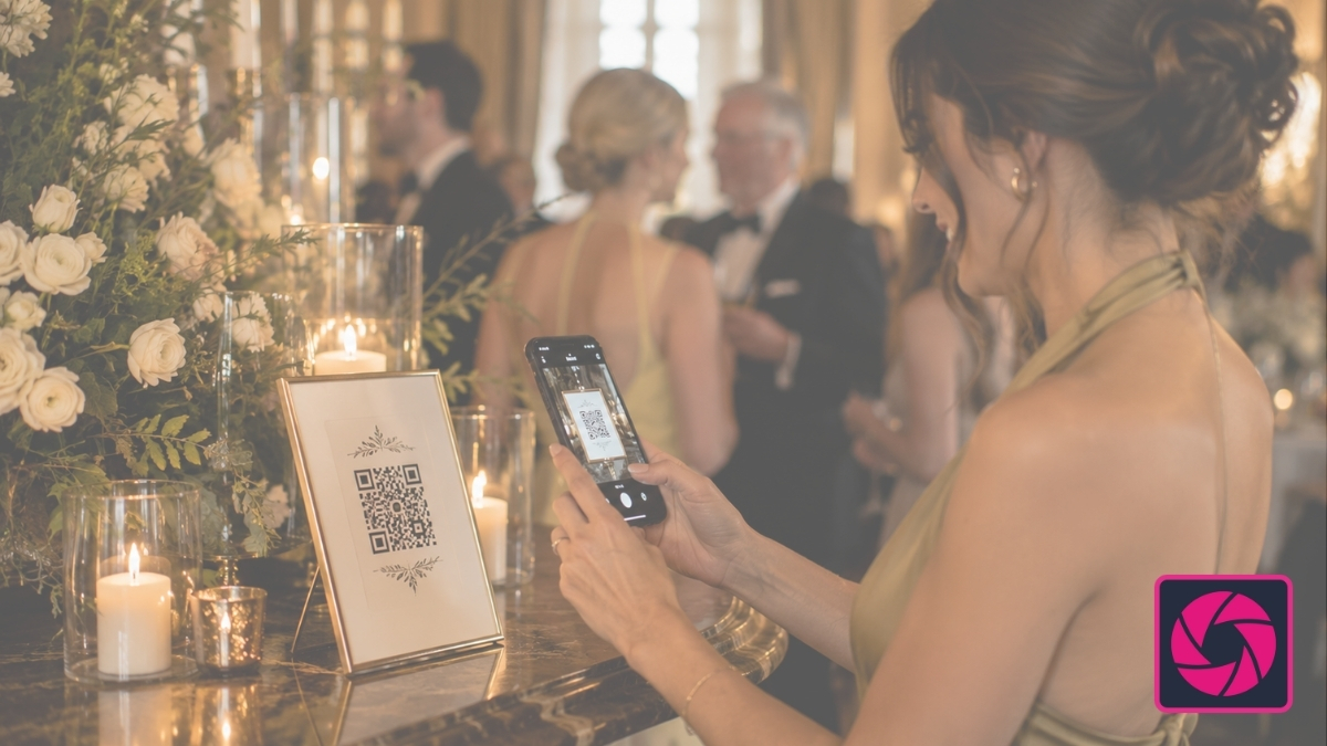 Guest scanning a VowLens wedding QR code sign to upload photos from their phone