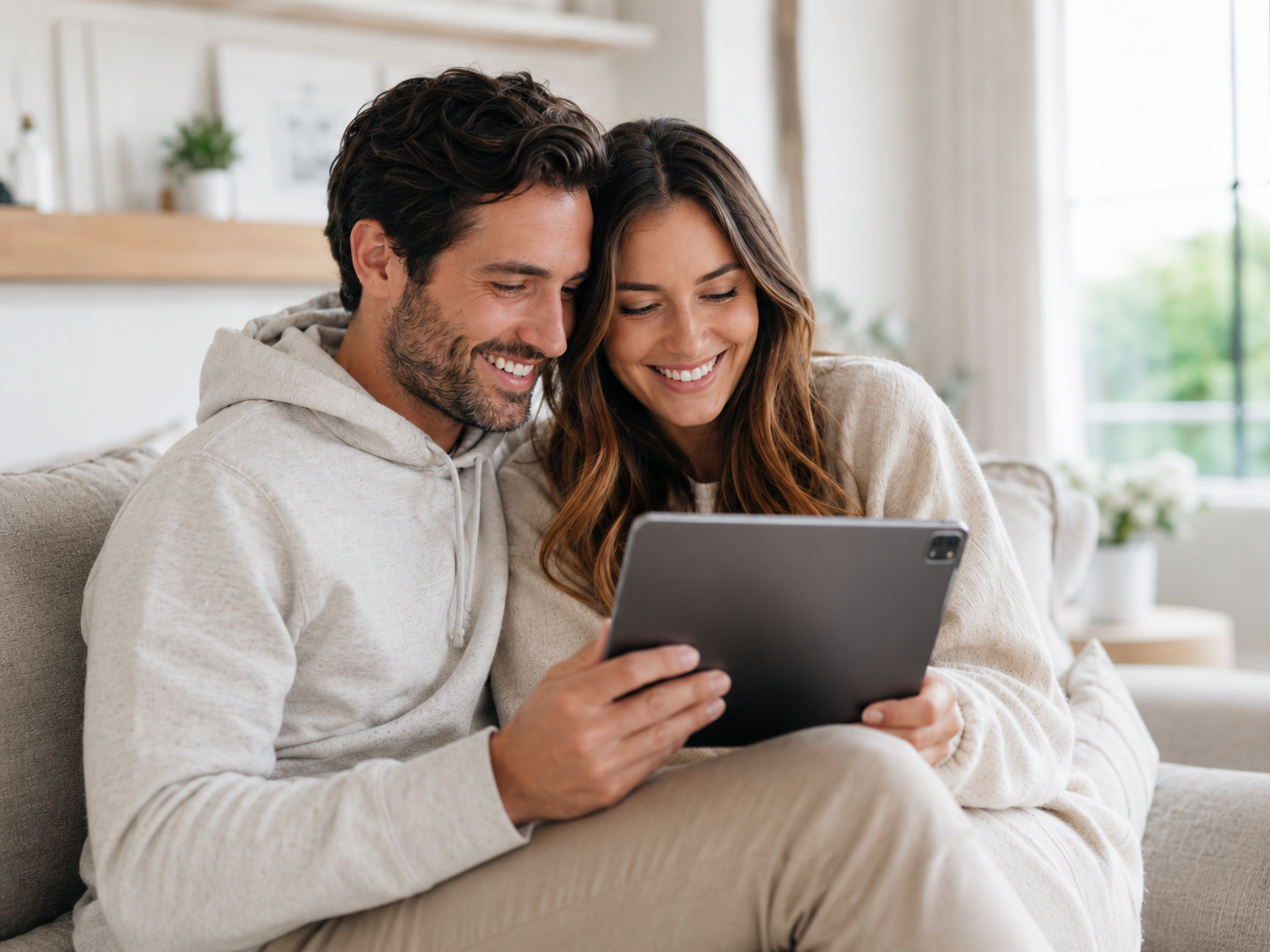 A happy couple sitting on a sofa viewing their private digital wedding photo gallery on a tablet.