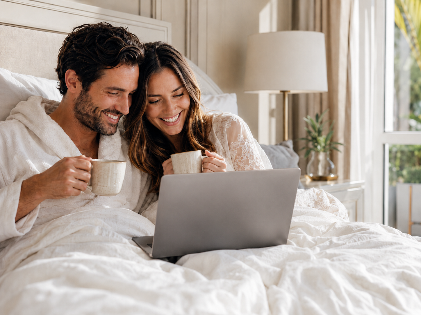 Newlyweds in bed the morning after their wedding, smiling while looking at guest photos and messages on a laptop.