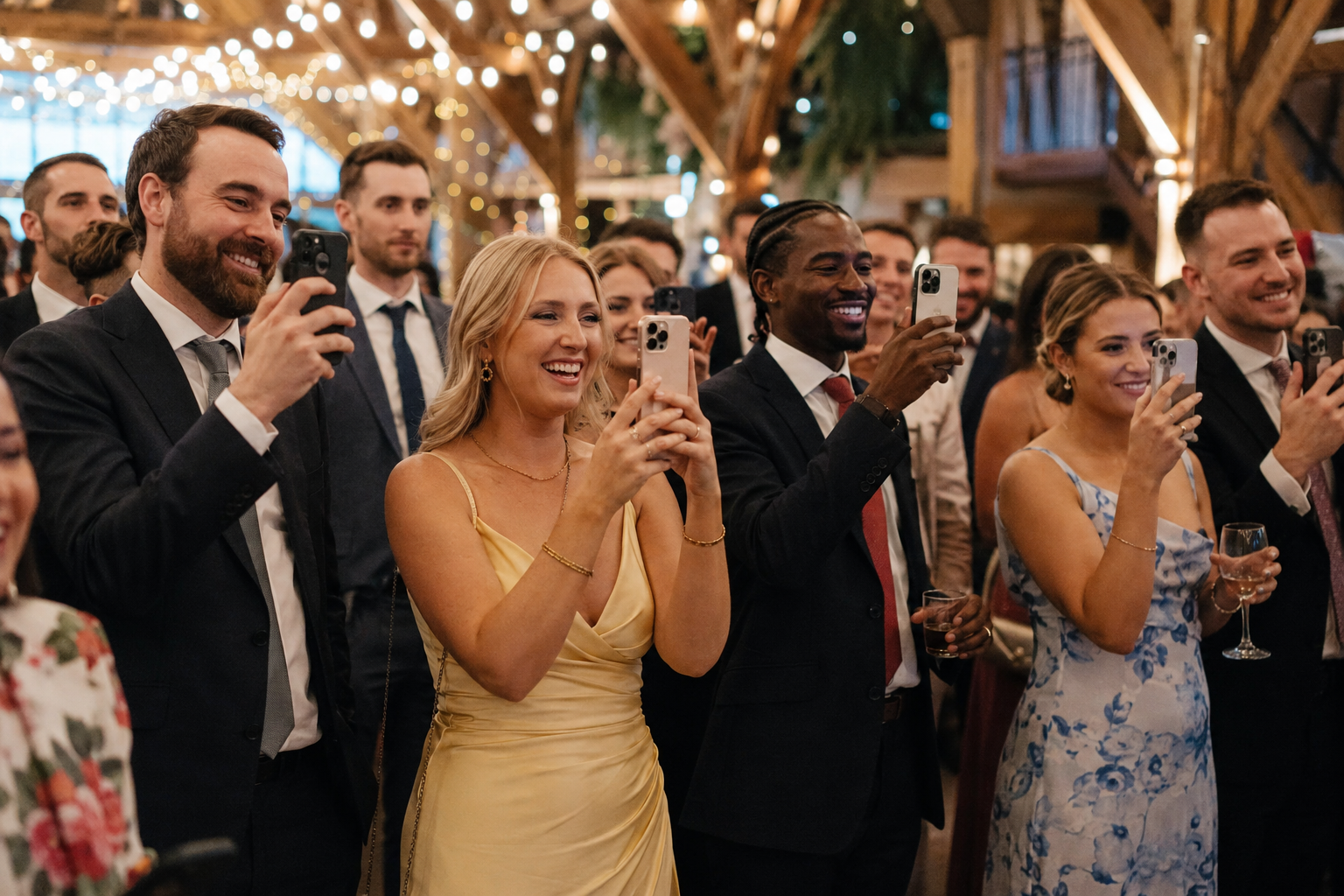 Candid photo of wedding guests laughing and using smartphones to take photos at a beautifully lit UK barn reception.