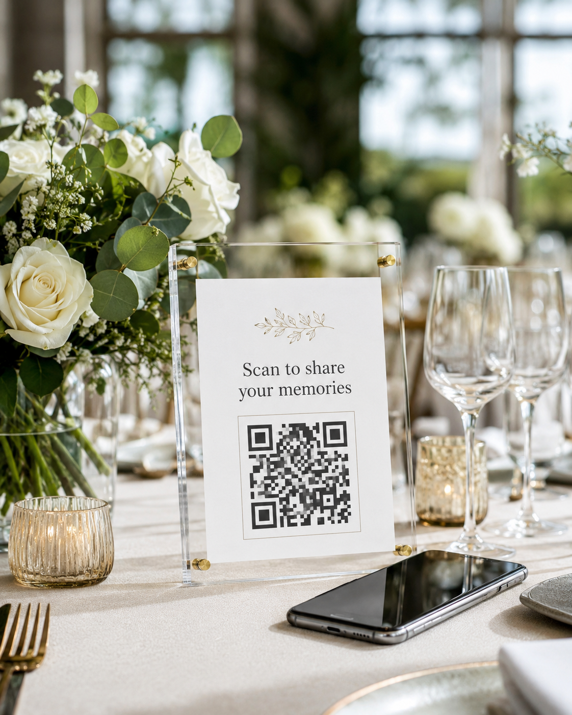 An elegant acrylic wedding table sign with a QR code next to a smartphone on a modern reception table.